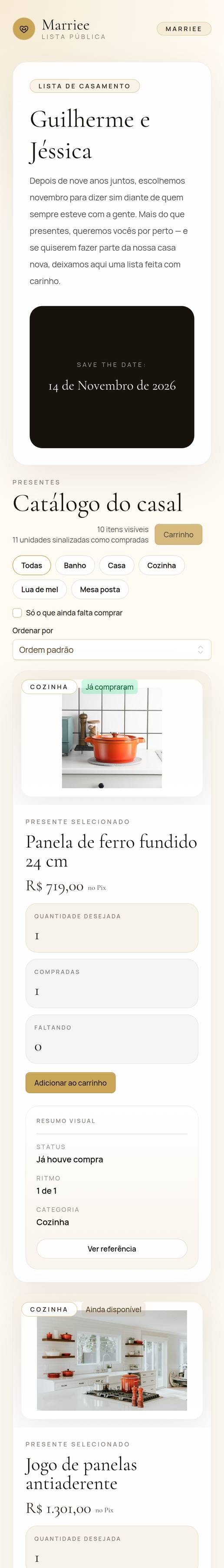 Lista de casamento no Marriee vista pelo celular: nome do casal, mensagem de boas-vindas, data e o catálogo de presentes com fotos e valores.